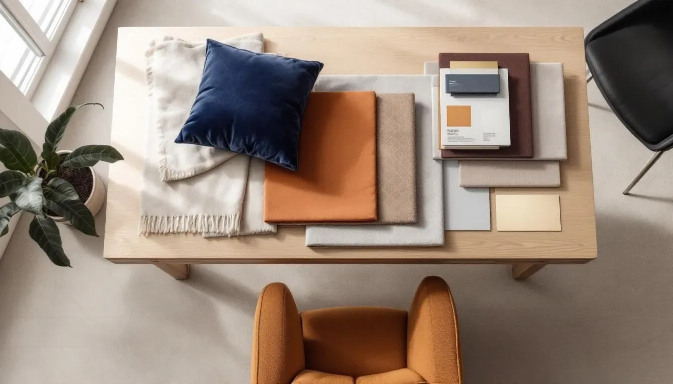 The image features an interior design mood board showcasing an array of fabric samples, vibrant color swatches, and selected furniture pieces, illustrating key concepts and design philosophies for a proposed project. This visual aids interior designers in presenting their ideas and creating a successful interior design proposal for potential clients.
