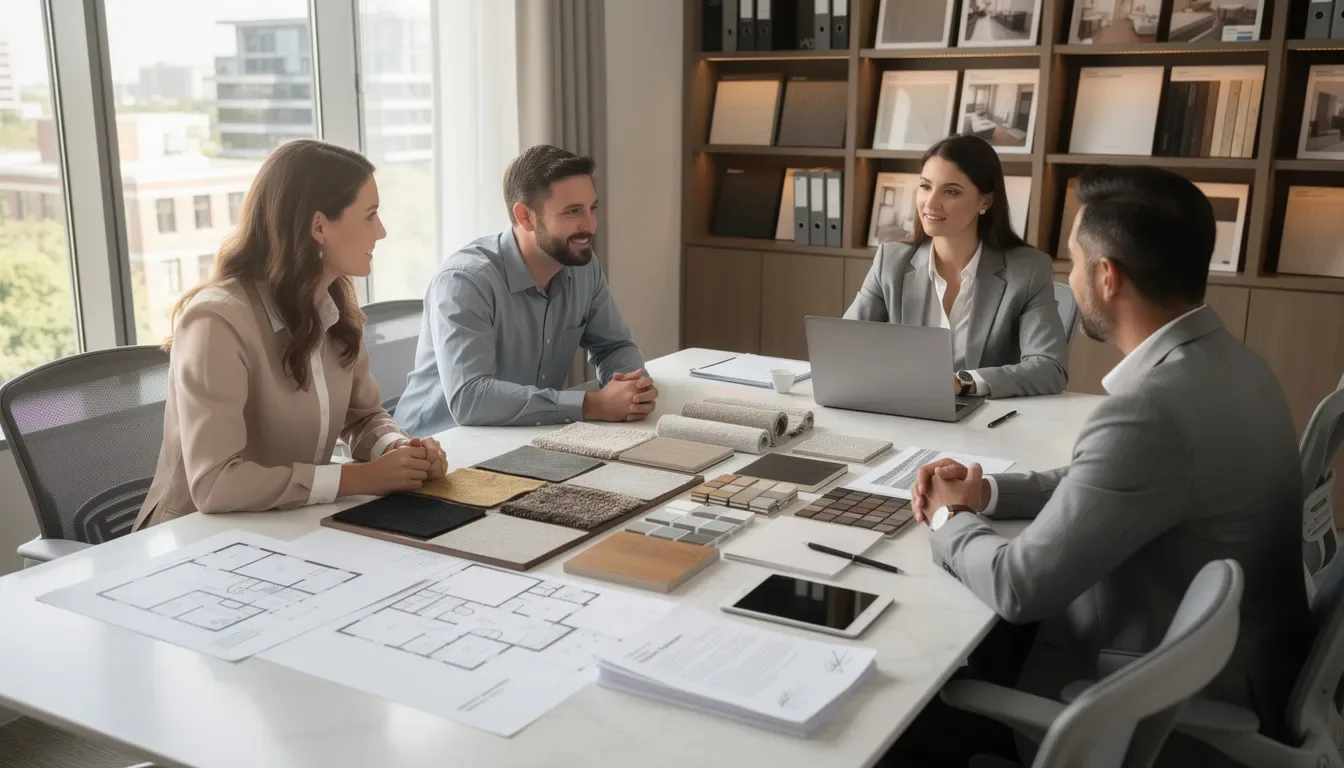 An interior designer is seated with clients around a conference table, discussing design materials and reviewing contracts related to their interior design services. The scene reflects the collaborative nature of the design process, emphasizing the importance of clear communication about project costs and fee structures.
